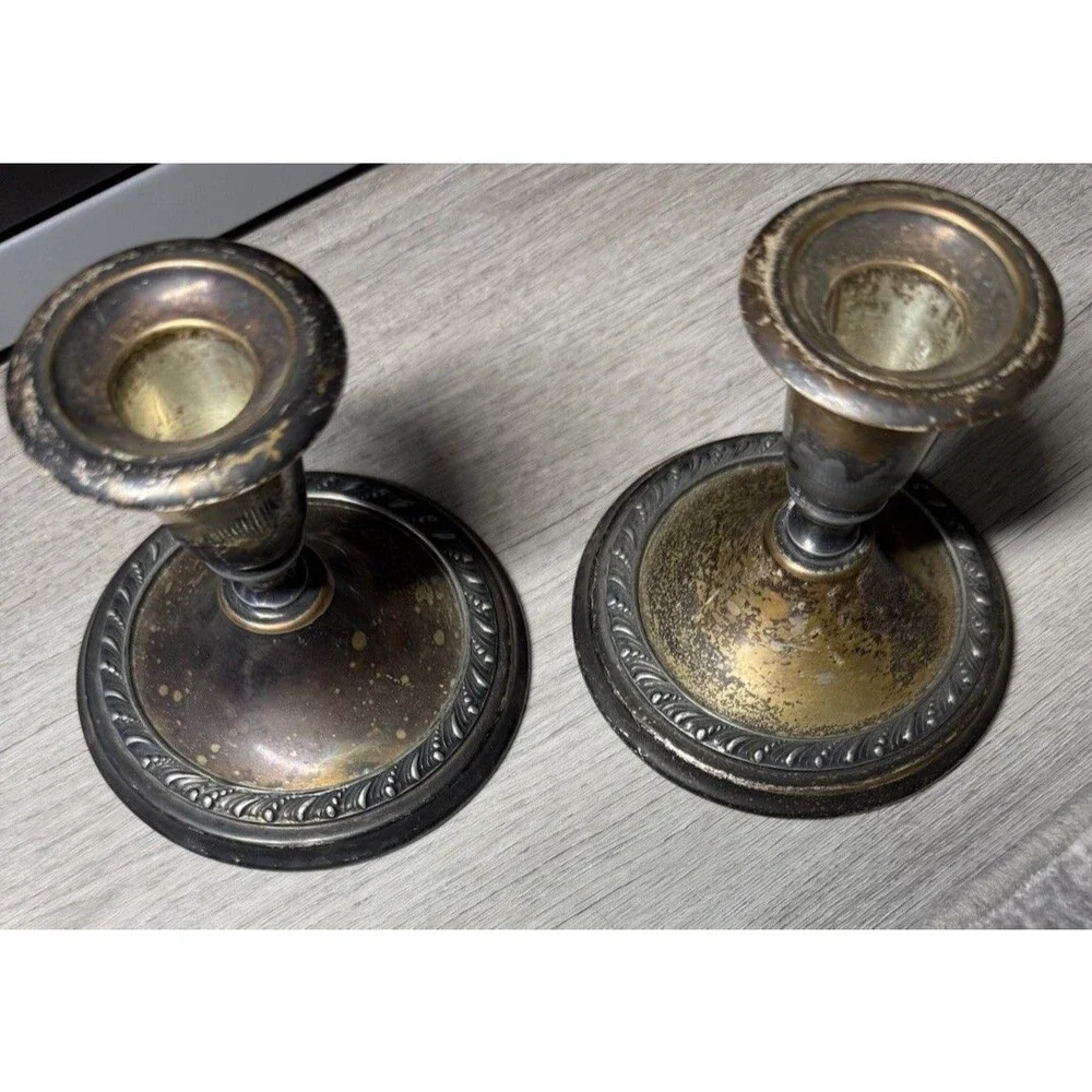 2 Antique William Rogers Silver Plate Candle Holders Art Nouveau Elegant W 4.5